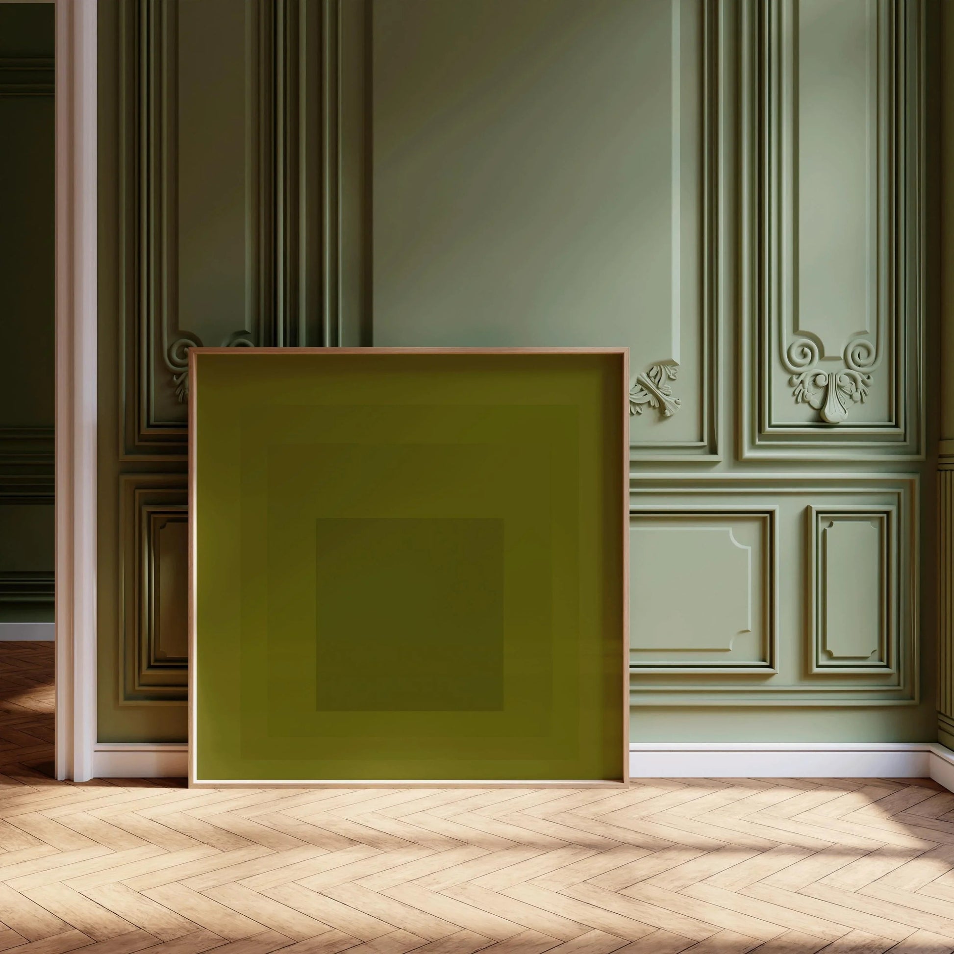 Impression giclée « Hommage au carré » inspirée par Josef Albers, art moderne du milieu du siècle, vert olive