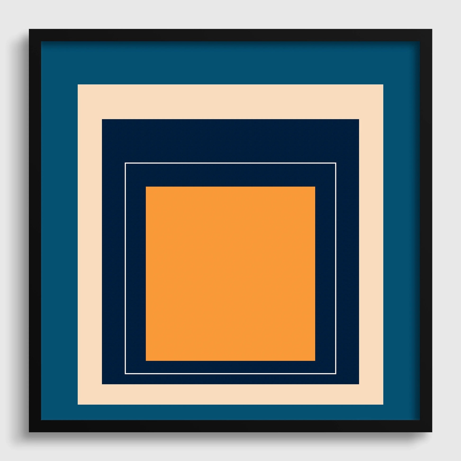 Impression giclée « Metro » inspirée par Josef Albers : art moderne du milieu du XXe siècle, hommage bleu et orange au carré