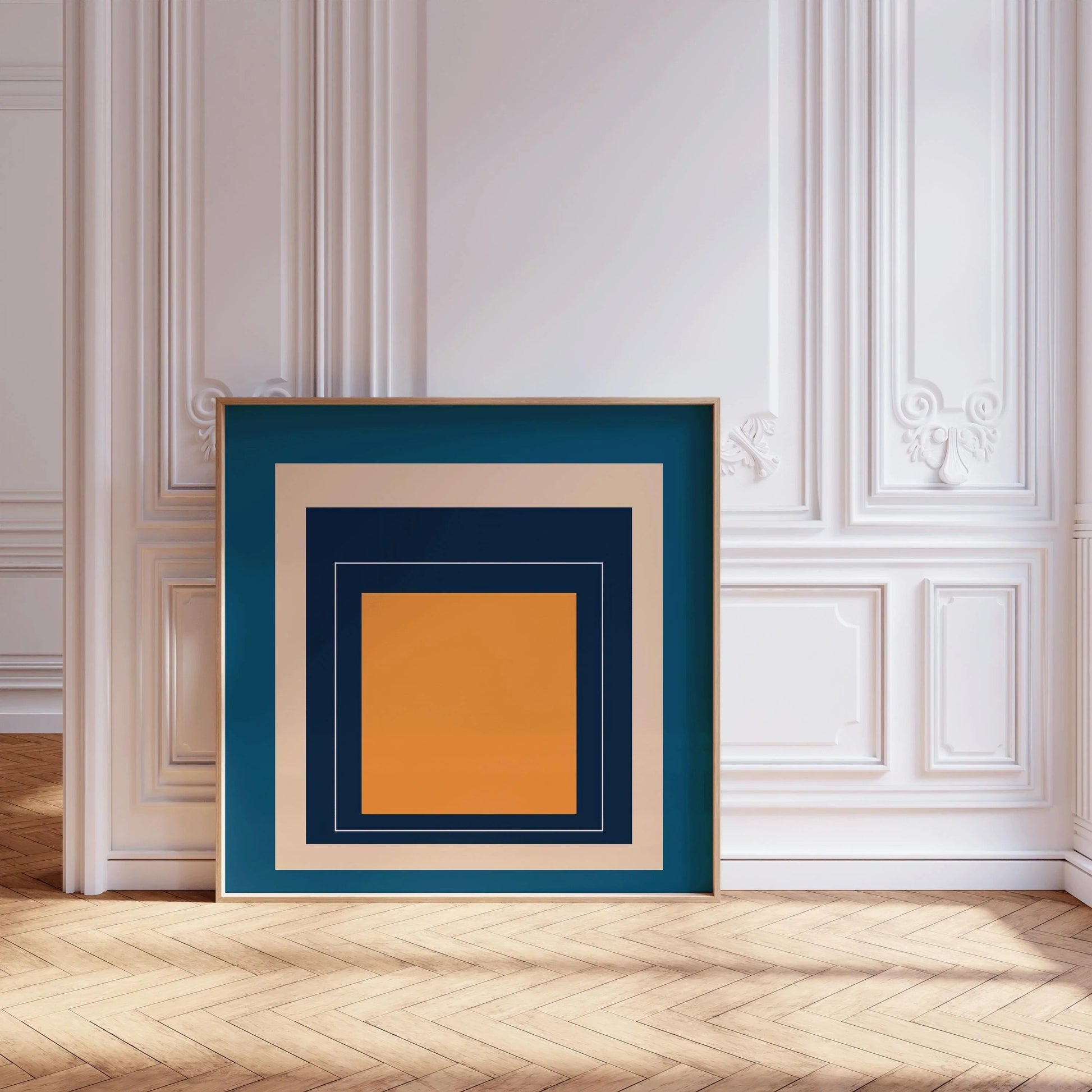 Impression giclée « Metro » inspirée par Josef Albers : art moderne du milieu du XXe siècle, hommage bleu et orange au carré