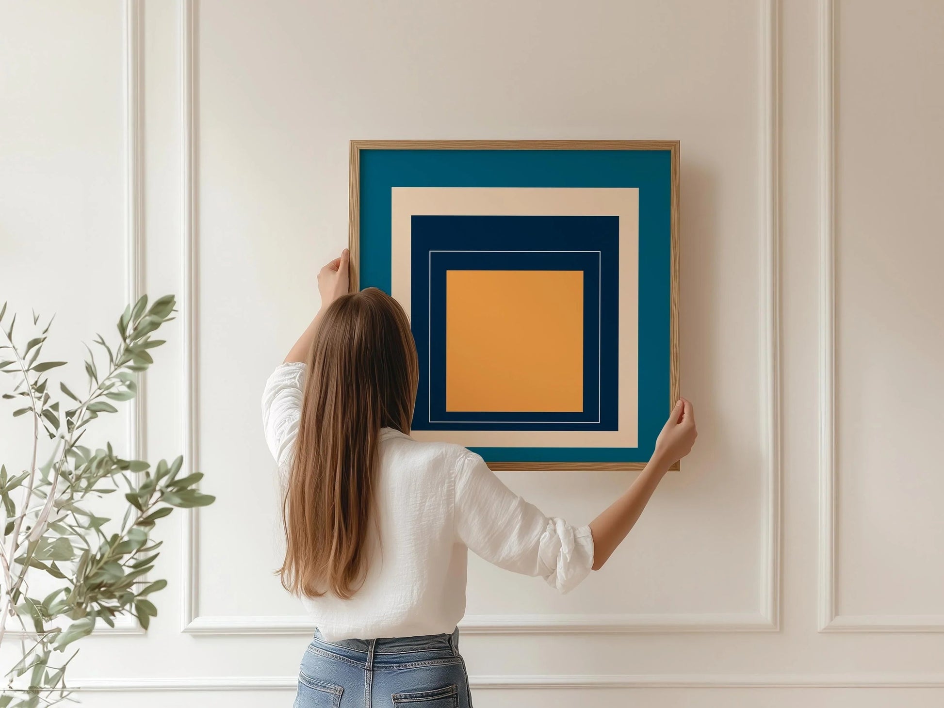 Impression giclée « Metro » inspirée par Josef Albers : art moderne du milieu du XXe siècle, hommage bleu et orange au carré