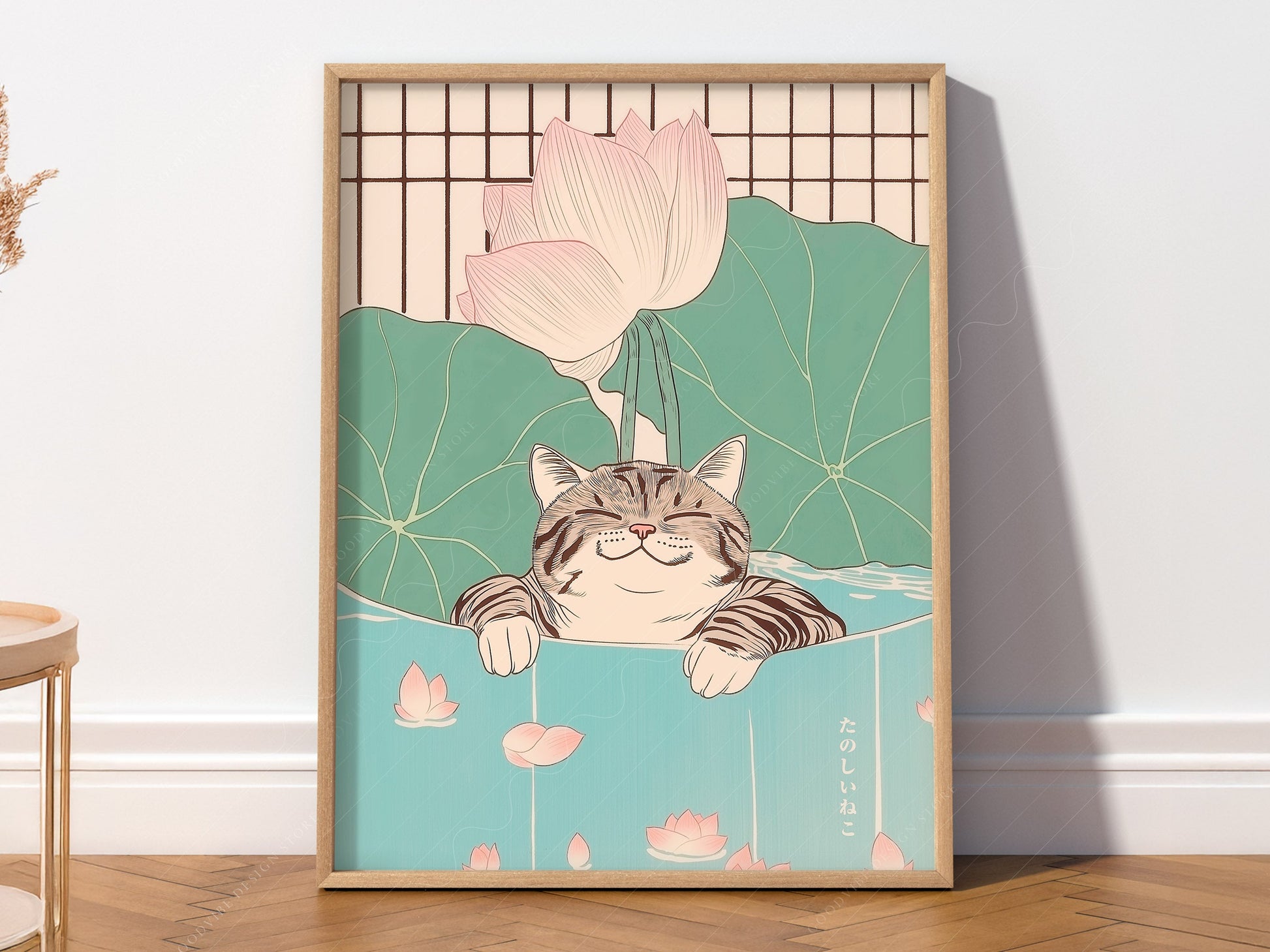 Japanese Cat in Lotus Pond Art Print – Japandi Zen Wall Decor Poster