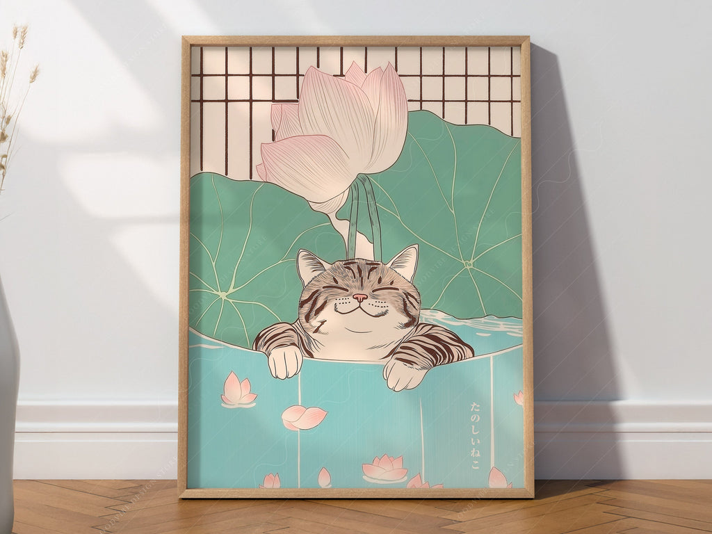 Japanese Cat in Lotus Pond Art Print – Japandi Zen Wall Decor Poster