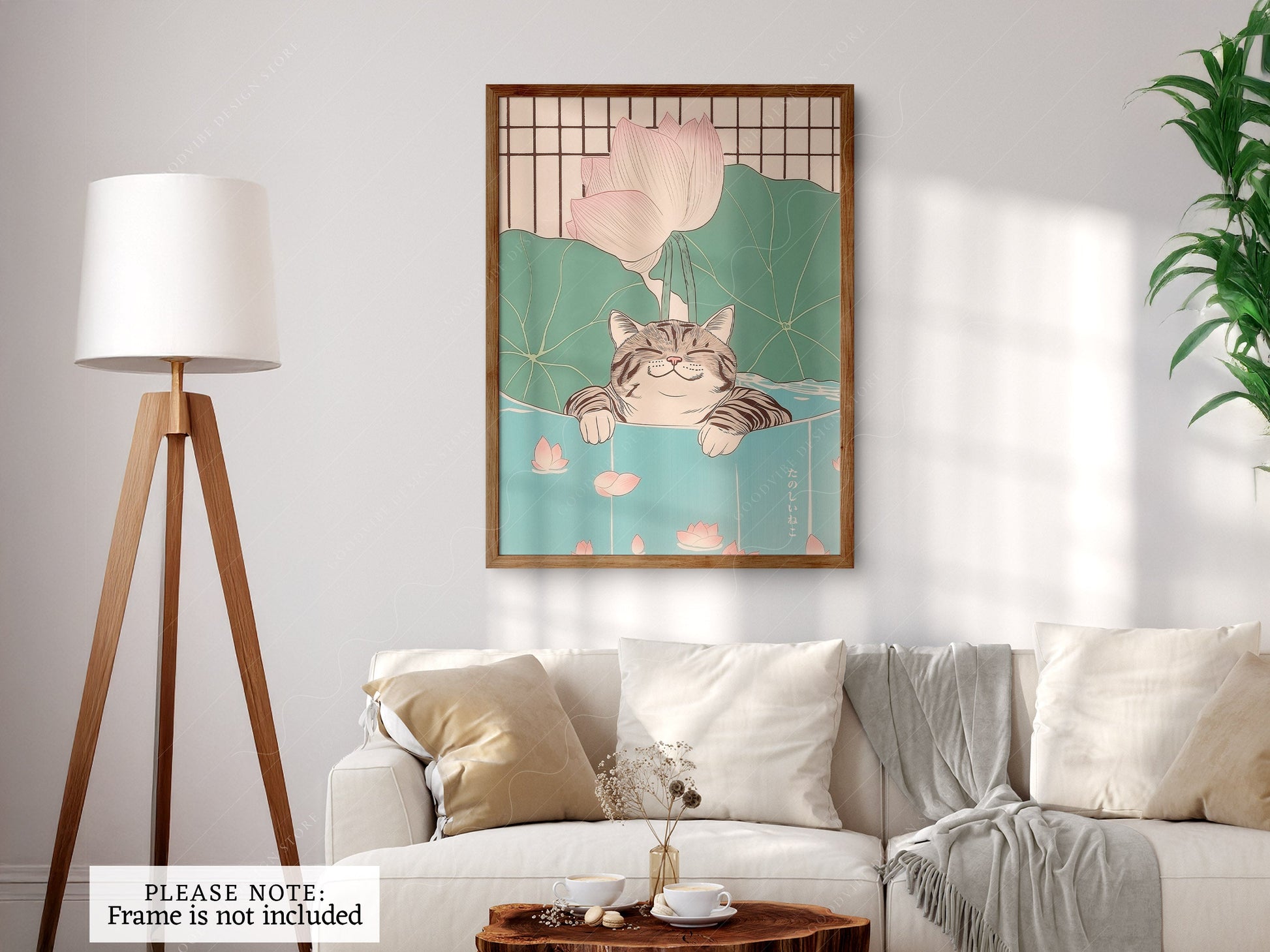 Japanese Cat in Lotus Pond Art Print – Japandi Zen Wall Decor Poster