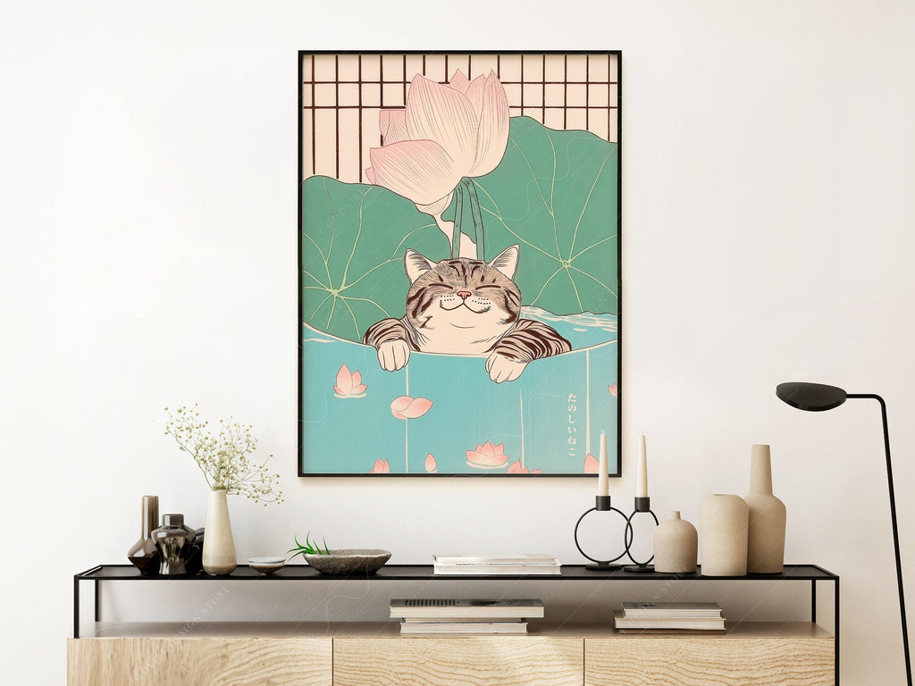 Japanese Cat in Lotus Pond Art Print – Japandi Zen Wall Decor Poster