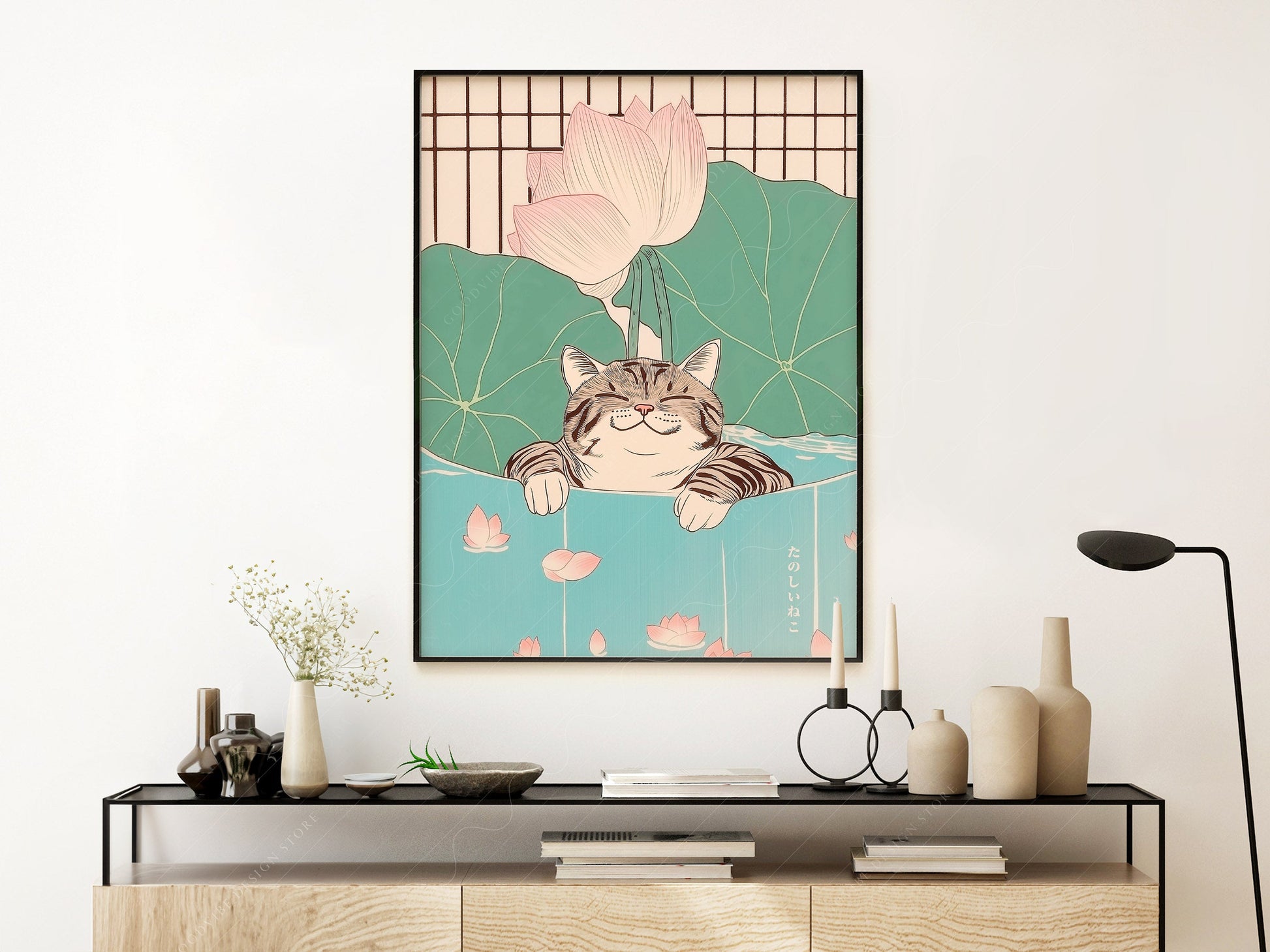 Japanese Cat in Lotus Pond Art Print – Japandi Zen Wall Decor Poster
