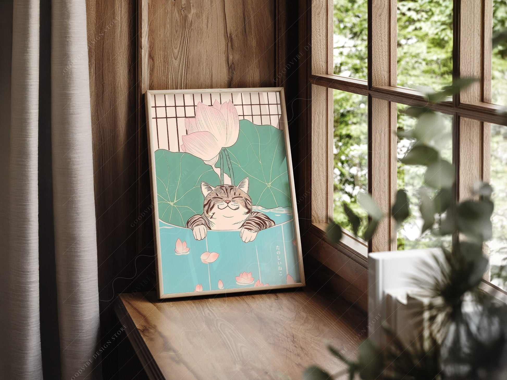 Japanese Cat in Lotus Pond Art Print – Japandi Zen Wall Decor Poster