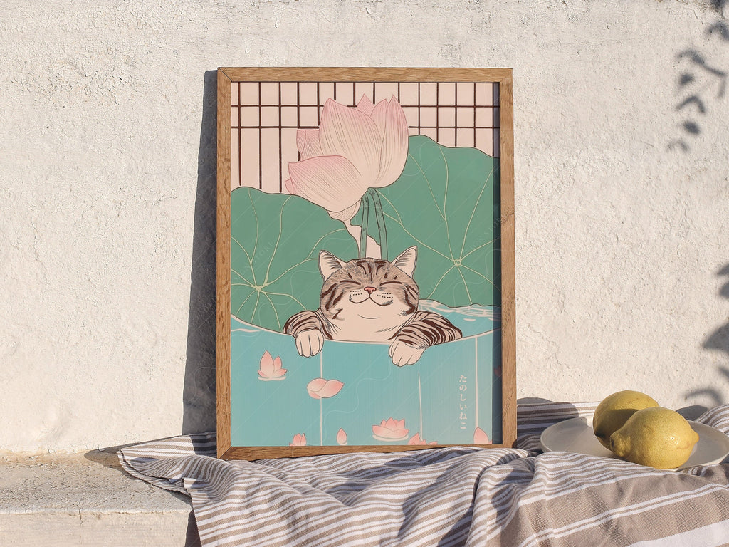 Japanese Cat in Lotus Pond Art Print – Japandi Zen Wall Decor Poster