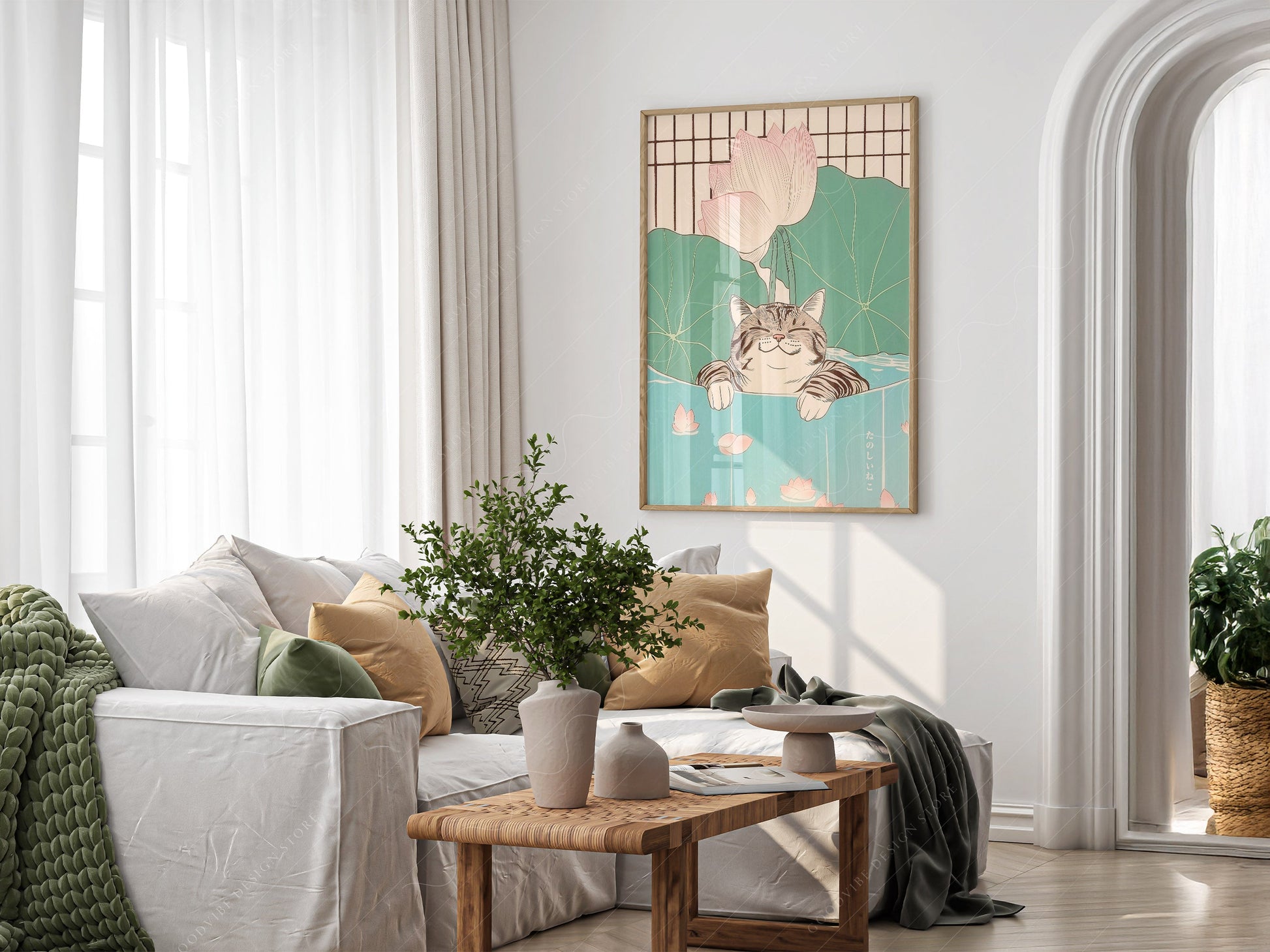 Japanese Cat in Lotus Pond Art Print – Japandi Zen Wall Decor Poster