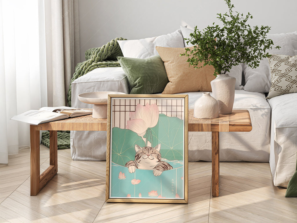 Japanese Cat in Lotus Pond Art Print – Japandi Zen Wall Decor Poster
