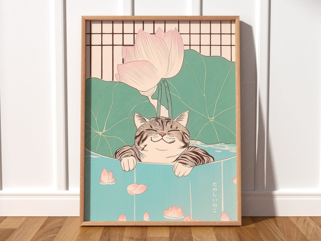 Japanese Cat in Lotus Pond Art Print – Japandi Zen Wall Decor Poster