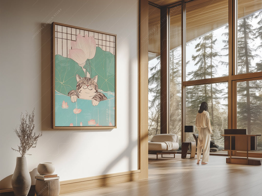 Japanese Cat in Lotus Pond Art Print – Japandi Zen Wall Decor Poster
