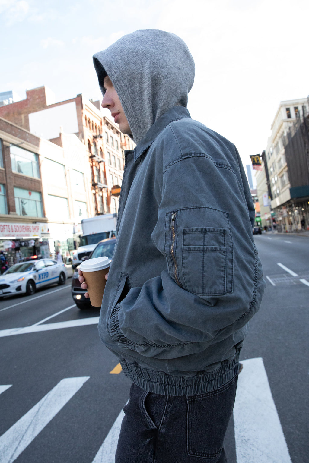 WASHED EFFECT COTTON UTILITY BOMBER JACKET