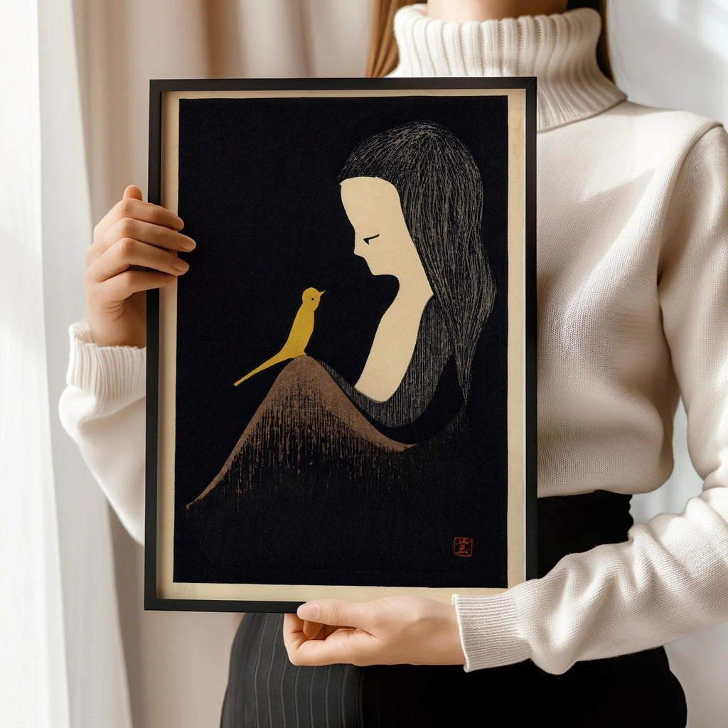 Estampe japonaise sur bois de Kaoru Kawano : Jeune fille à l'oiseau jaune, impression giclée