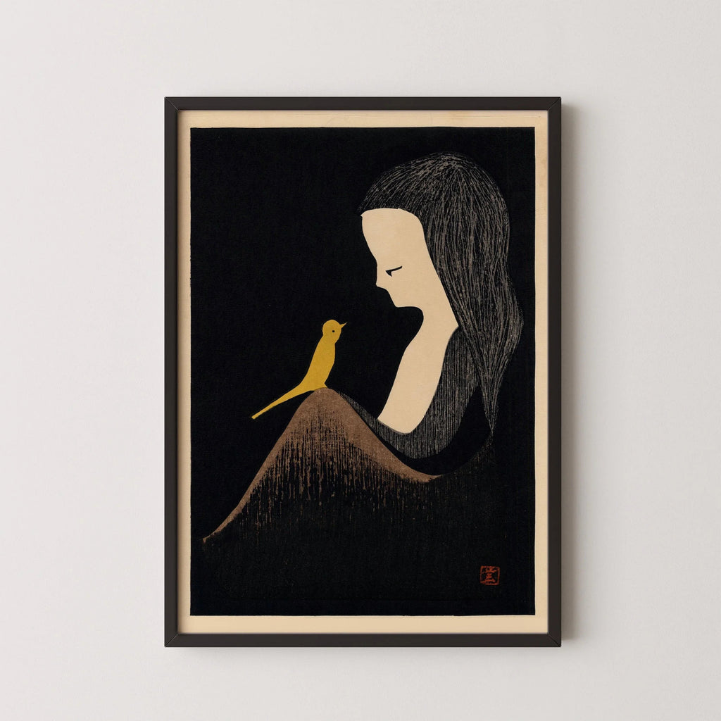 Estampe japonaise sur bois de Kaoru Kawano : Jeune fille à l'oiseau jaune, impression giclée