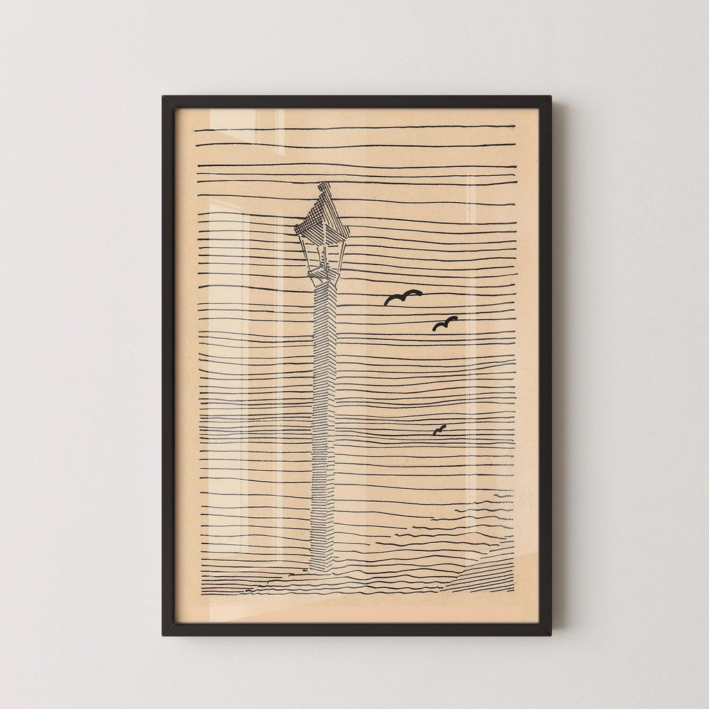 Karl Wiener - Lantern and Three Birds | Minimalist Beige Sketch Art (available handframed or unframed)