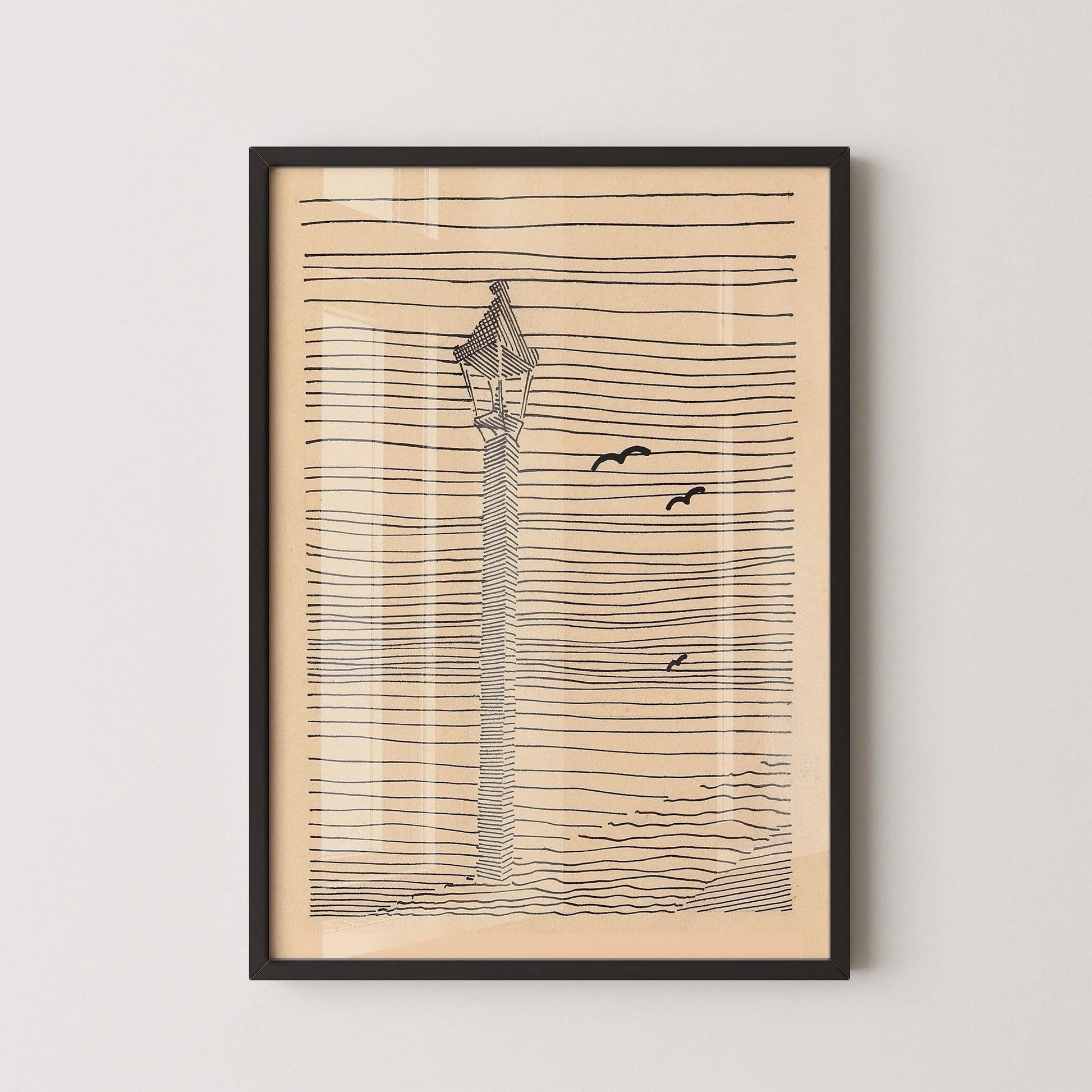Karl Wiener - Lantern and Three Birds | Minimalist Beige Sketch Art (available handframed or unframed)