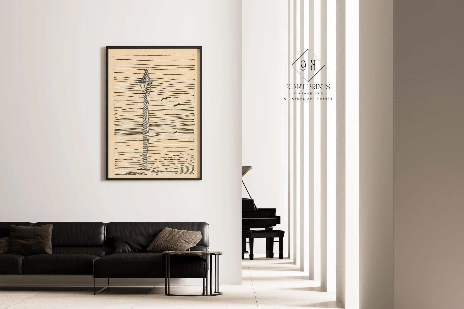 Karl Wiener - Lantern and Three Birds | Minimalist Beige Sketch Art (available handframed or unframed)