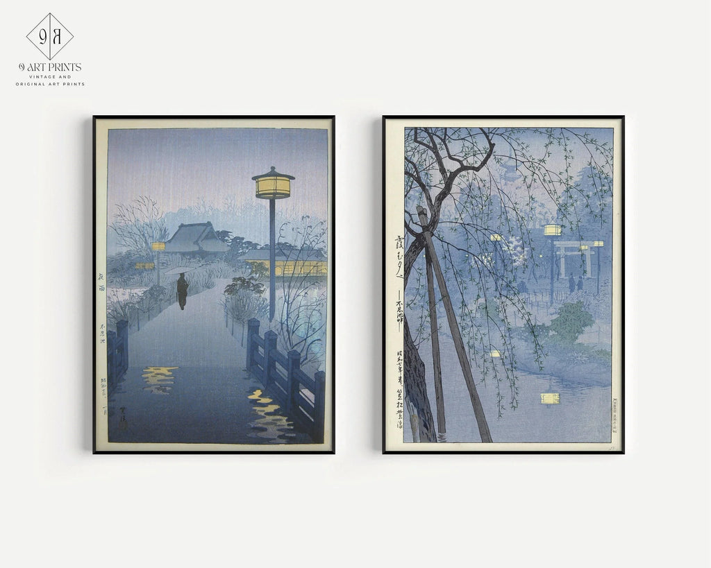 Ensemble d'estampes japonaises Kasamatsu : Pluie et étang du soir, style vintage bleu