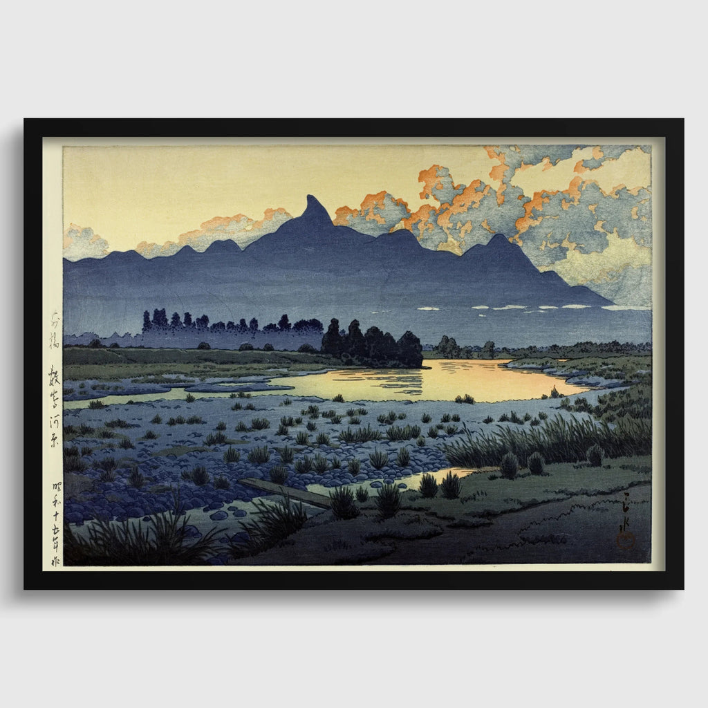 Estampe japonaise de Kawase Hasui : Marais de Maebashi, style Studio Ghibli