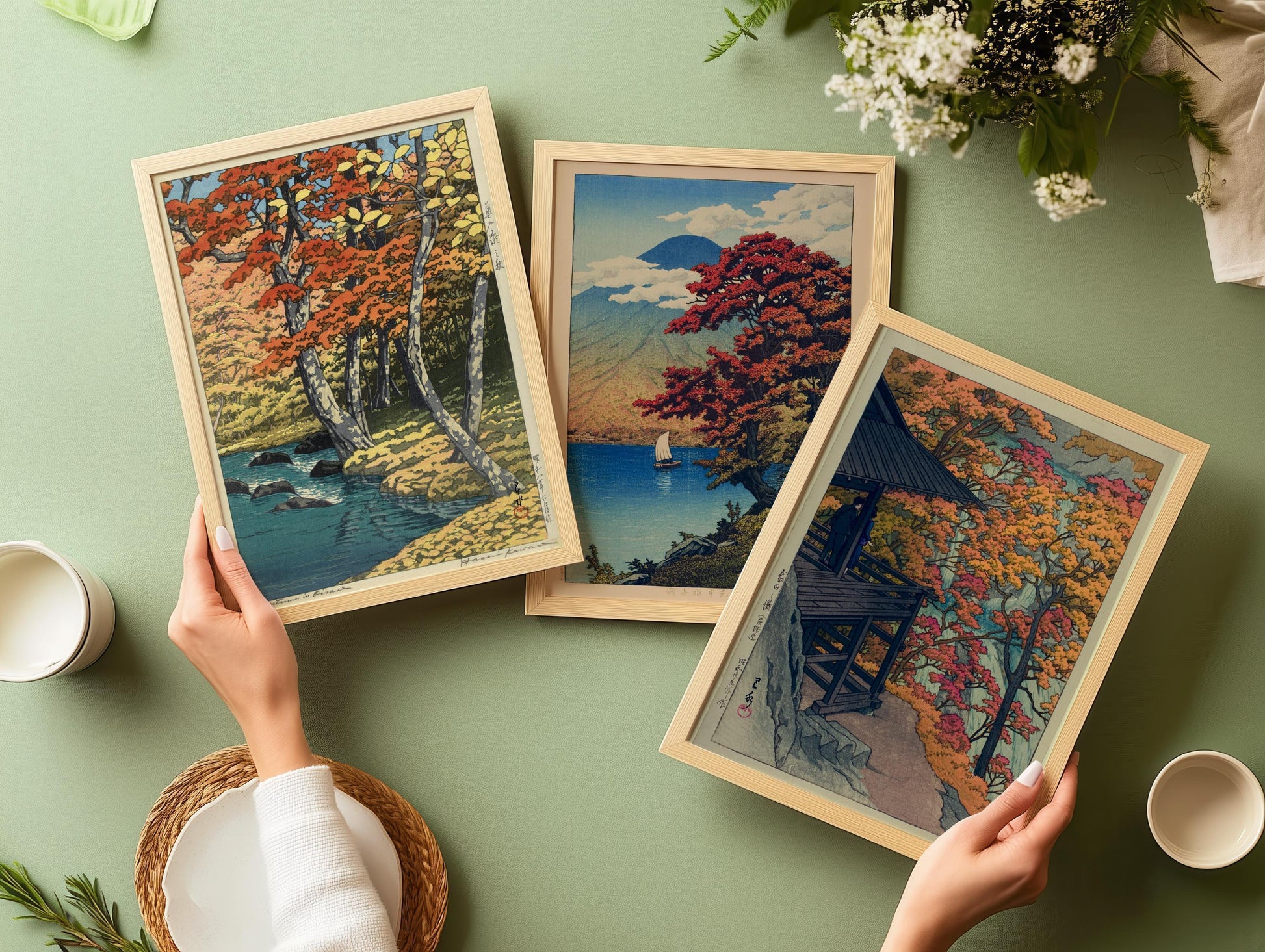 Kawase Hasui Ensemble d'impression de paysage d'automne japonais : Lac Chuzenji et chutes Furukoda