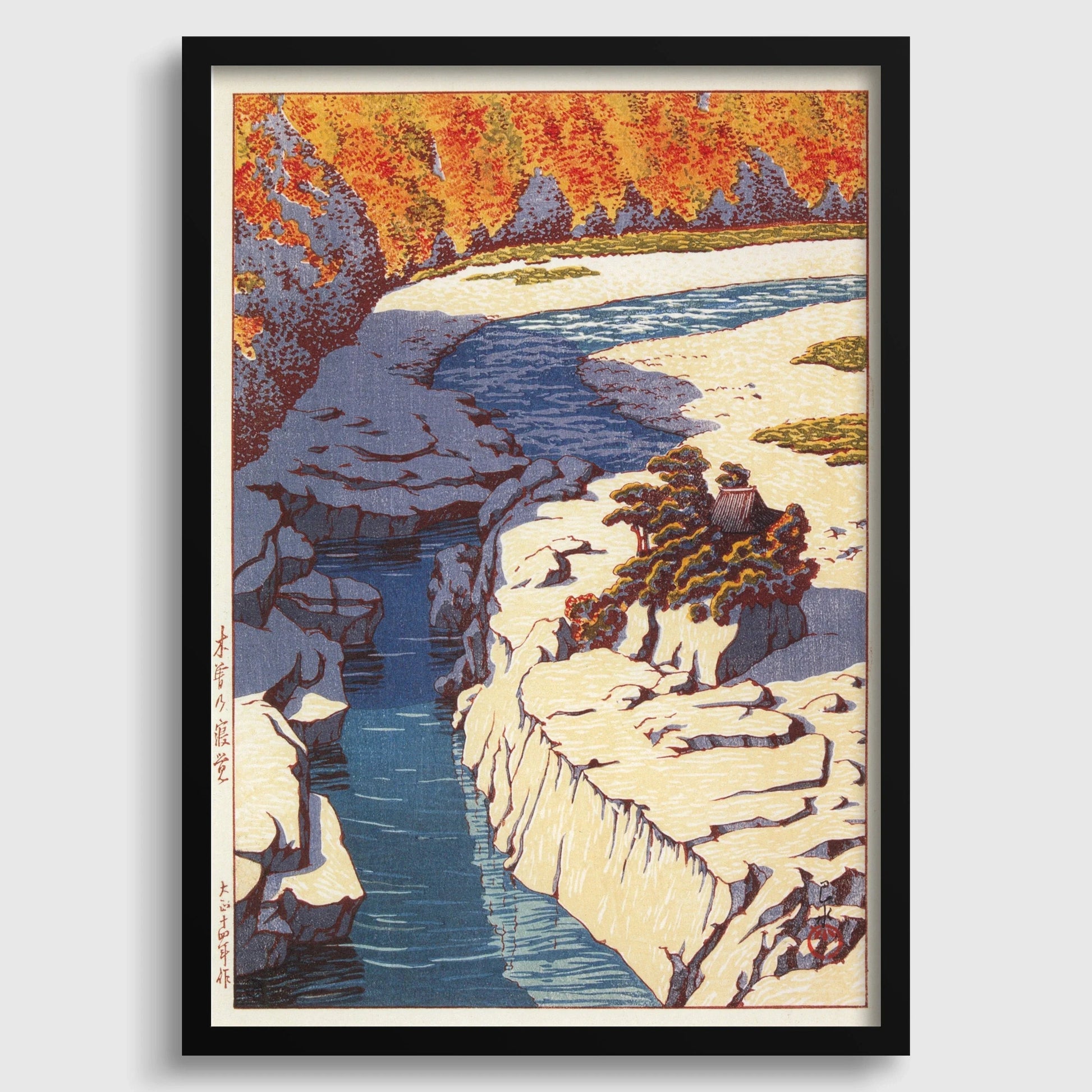 Estampe japonaise sur bois de Kawase Hasui : Paysage d'automne sur la rivière Kizo no Nezame (Disponible encadrée)
