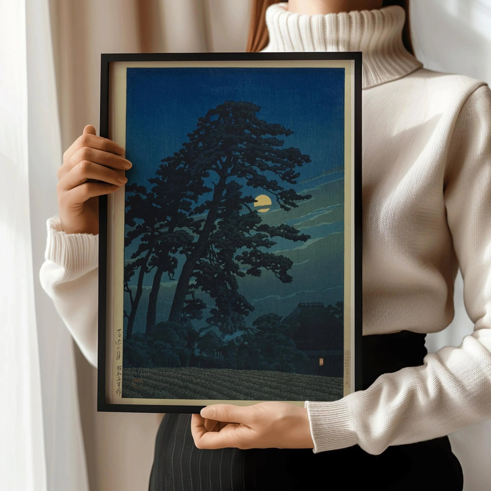 Estampe de Kawase Hasui représentant la lune à Umagome : art ancien japonais sur bois