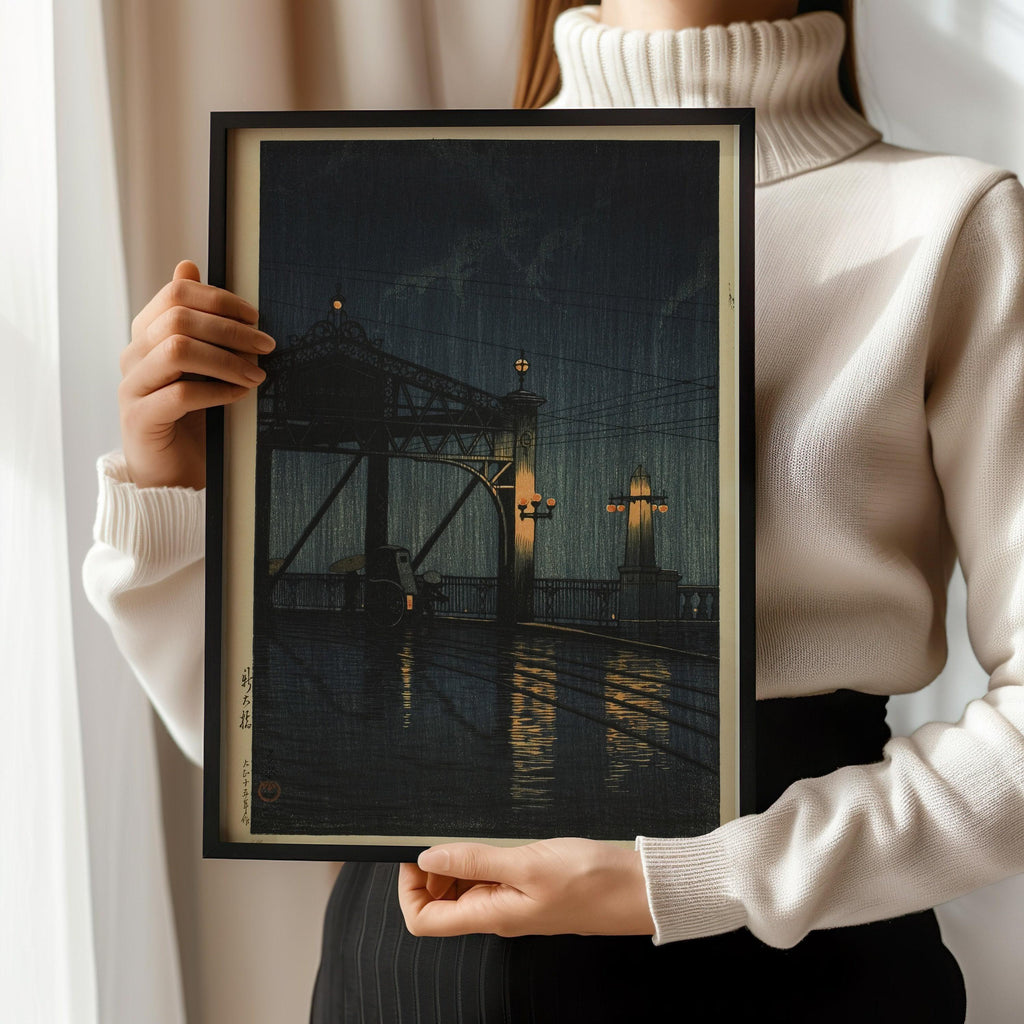 Estampe du pont Shin Ohashi de Kawase Hasui : Art japonais ancien sur bois
