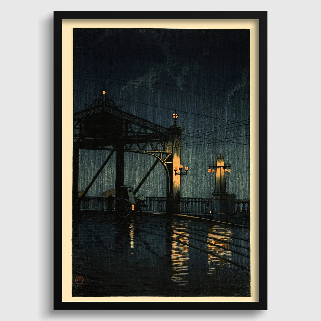 Estampe du pont Shin Ohashi de Kawase Hasui : Art japonais ancien sur bois