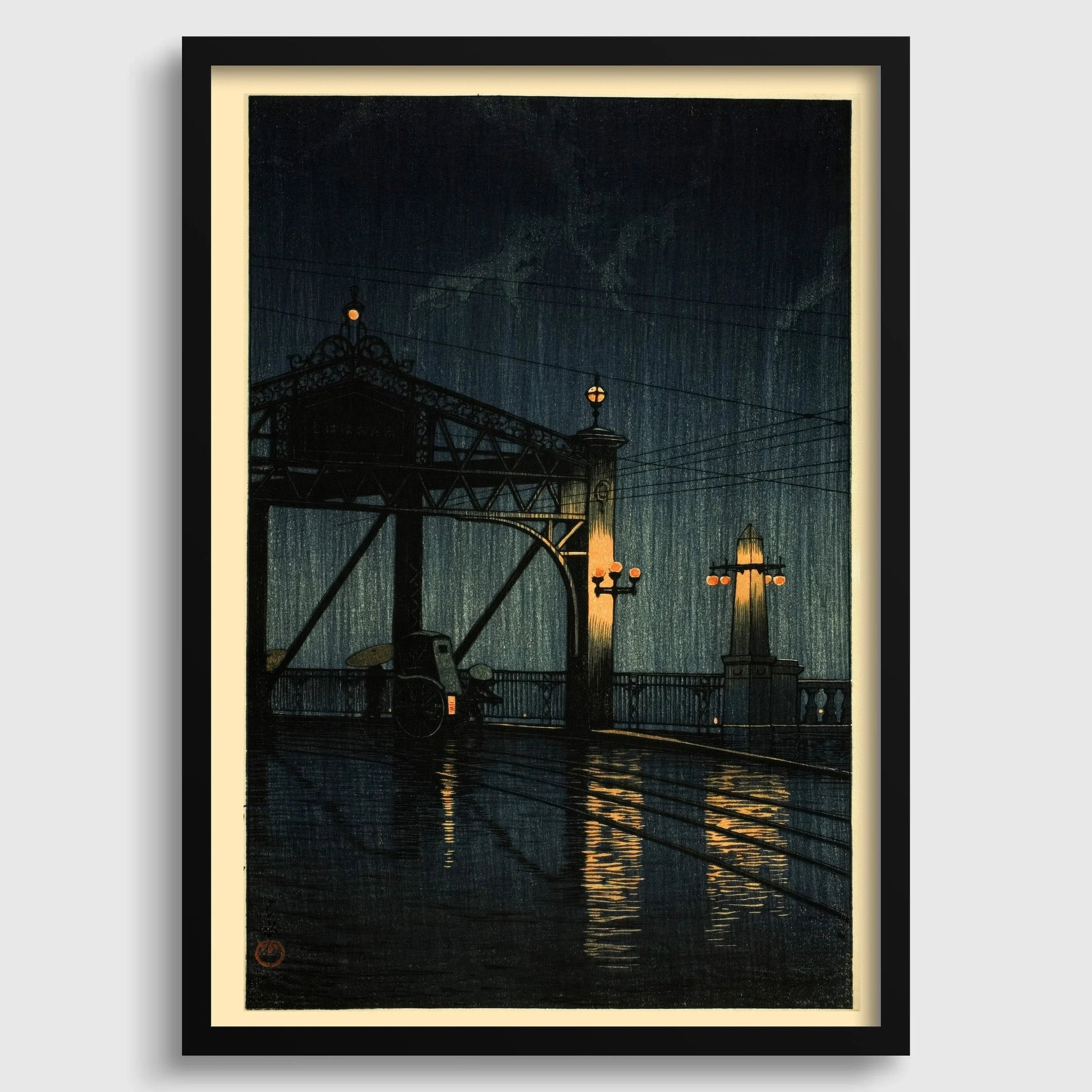 Estampe du pont Shin Ohashi de Kawase Hasui : Art japonais ancien sur bois