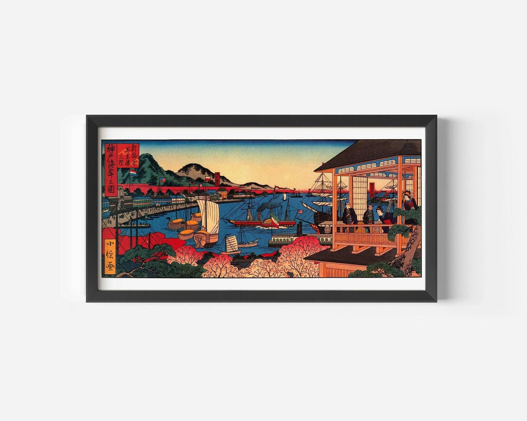 Estampe japonaise de la côte de Kobe : paysage marin panoramique vintage (option encadrée à la main) (2x1)