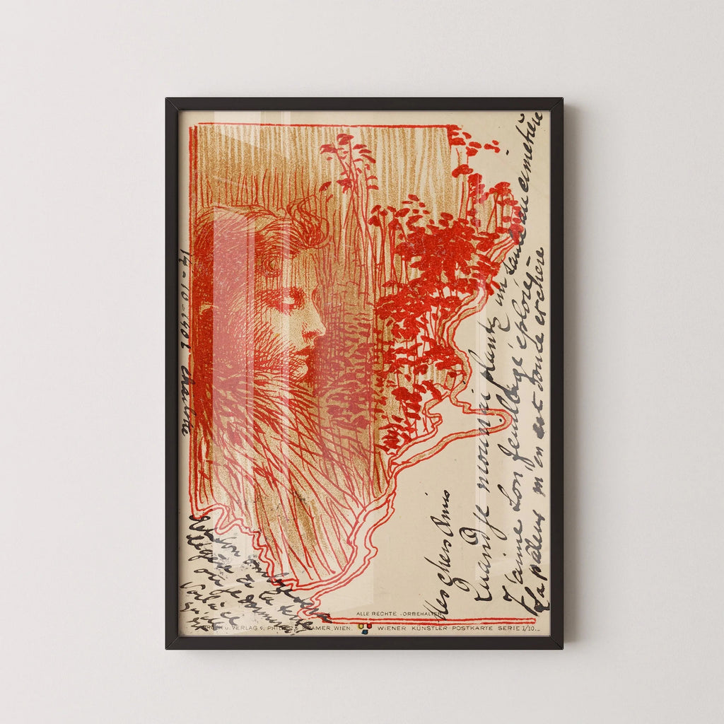 Koloman Moser - Croquis de carte postale | Affiche d'exposition vintage célèbre en rouge (disponible encadrée à la main ou non encadrée)