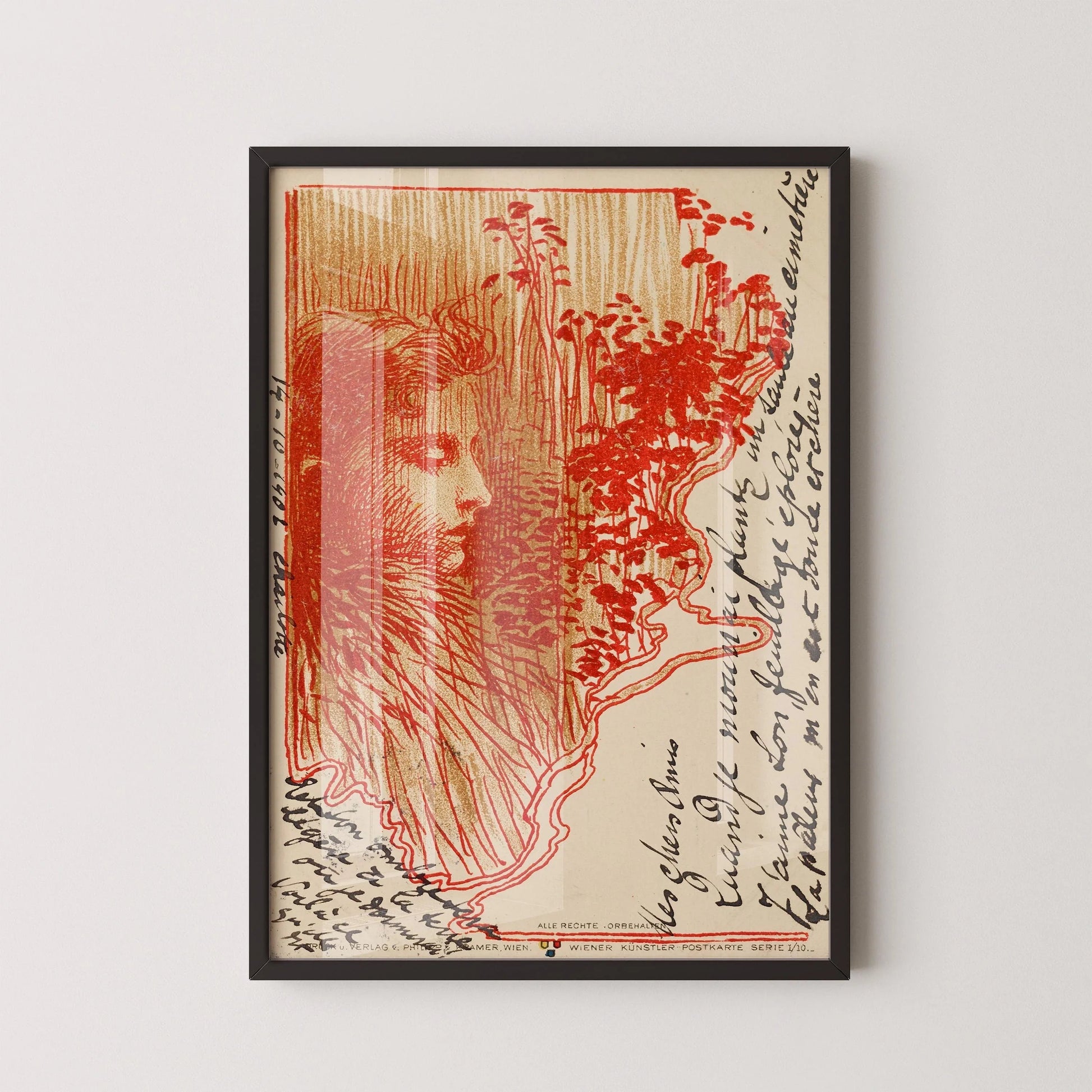 Koloman Moser - Croquis de carte postale | Affiche d'exposition vintage célèbre en rouge (disponible encadrée à la main ou non encadrée)
