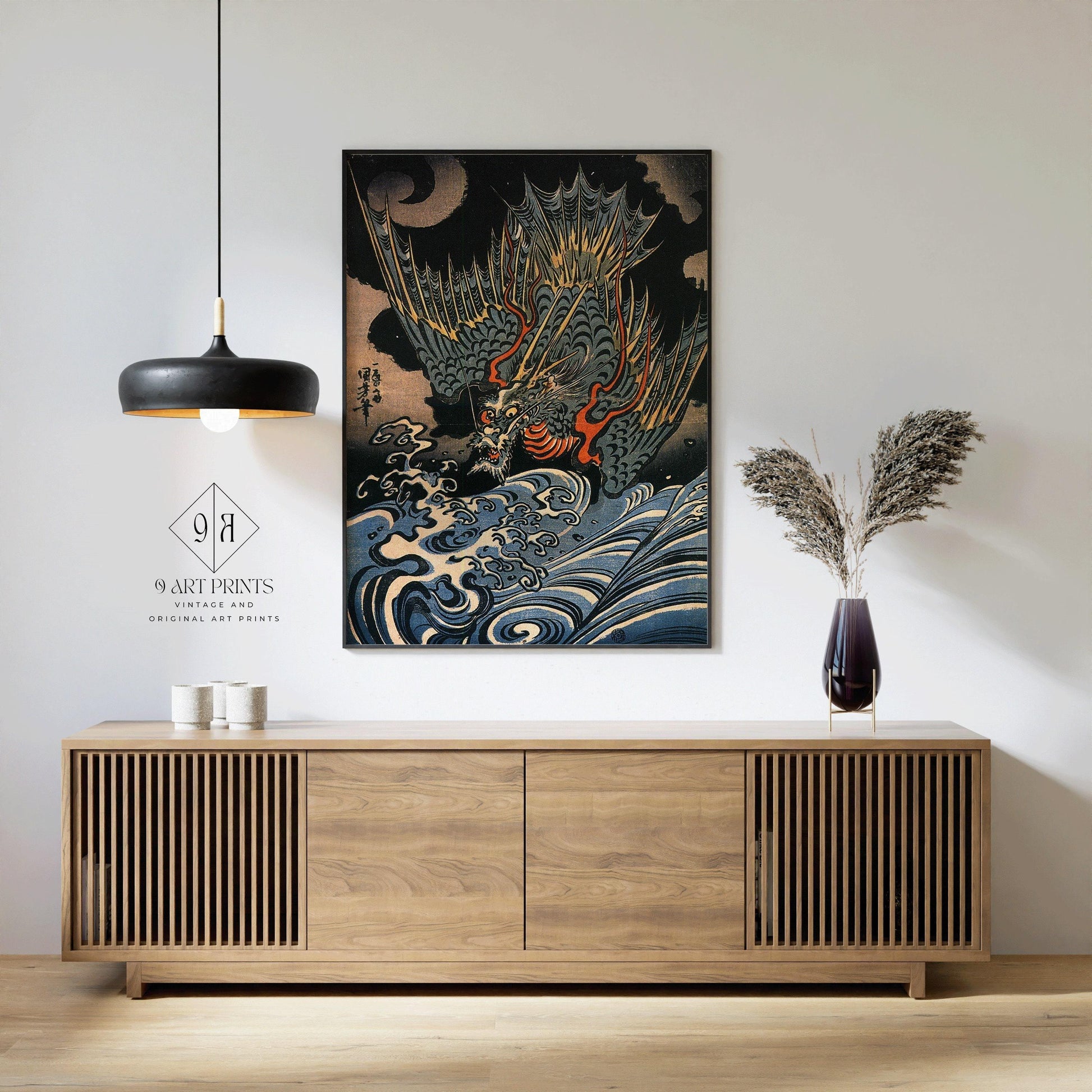 Estampe du dragon volant de Kuniyoshi : Art japonais ancien sur bois