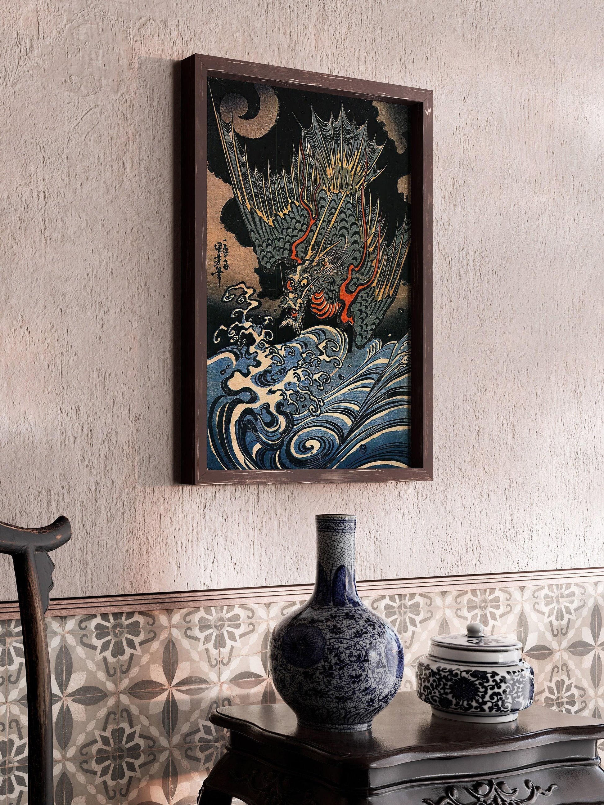 Estampe du dragon volant de Kuniyoshi : Art japonais ancien sur bois