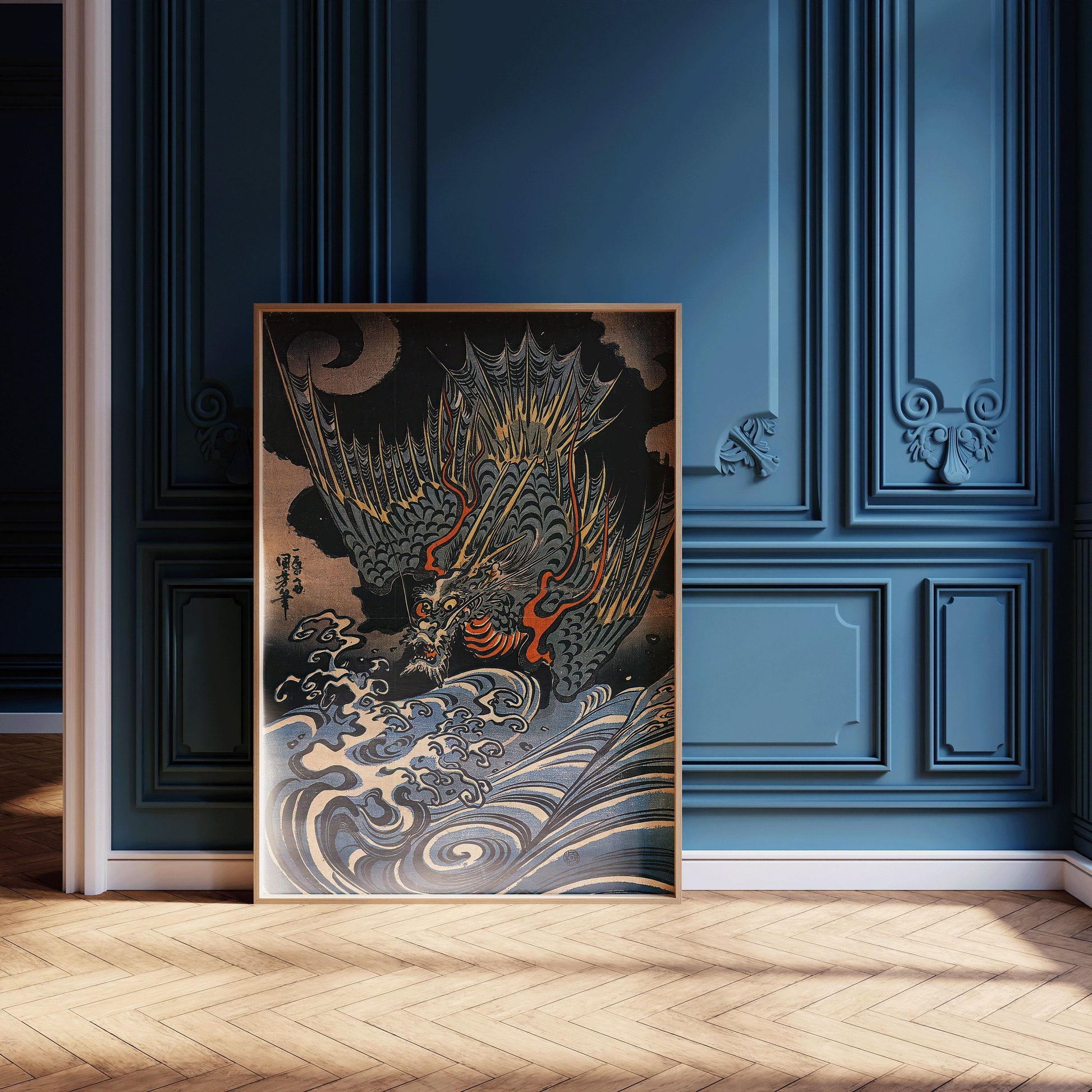 Estampe du dragon volant de Kuniyoshi : Art japonais ancien sur bois