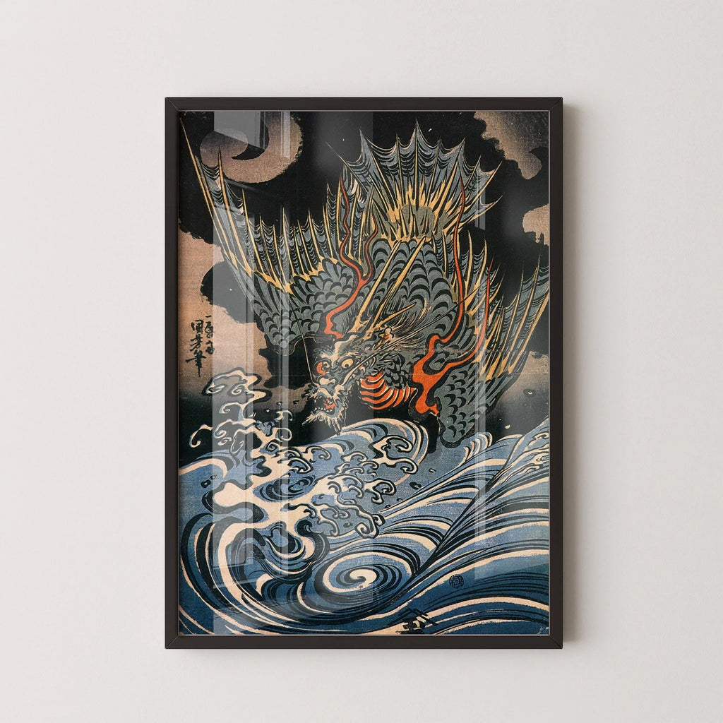 Estampe du dragon volant de Kuniyoshi : Art japonais ancien sur bois