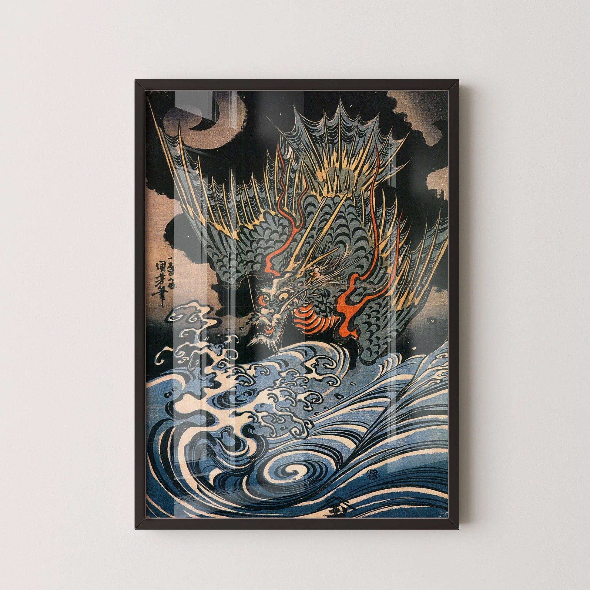 Estampe du dragon volant de Kuniyoshi : Art japonais ancien sur bois