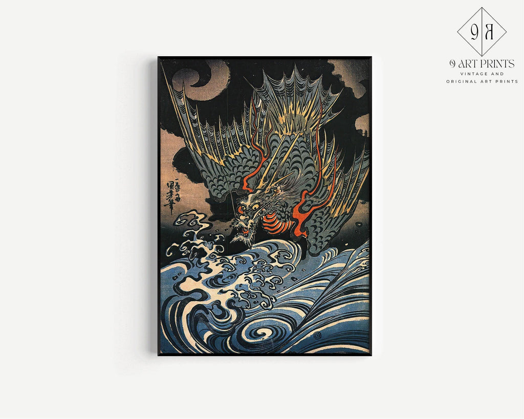Estampe du dragon volant de Kuniyoshi : Art japonais ancien sur bois