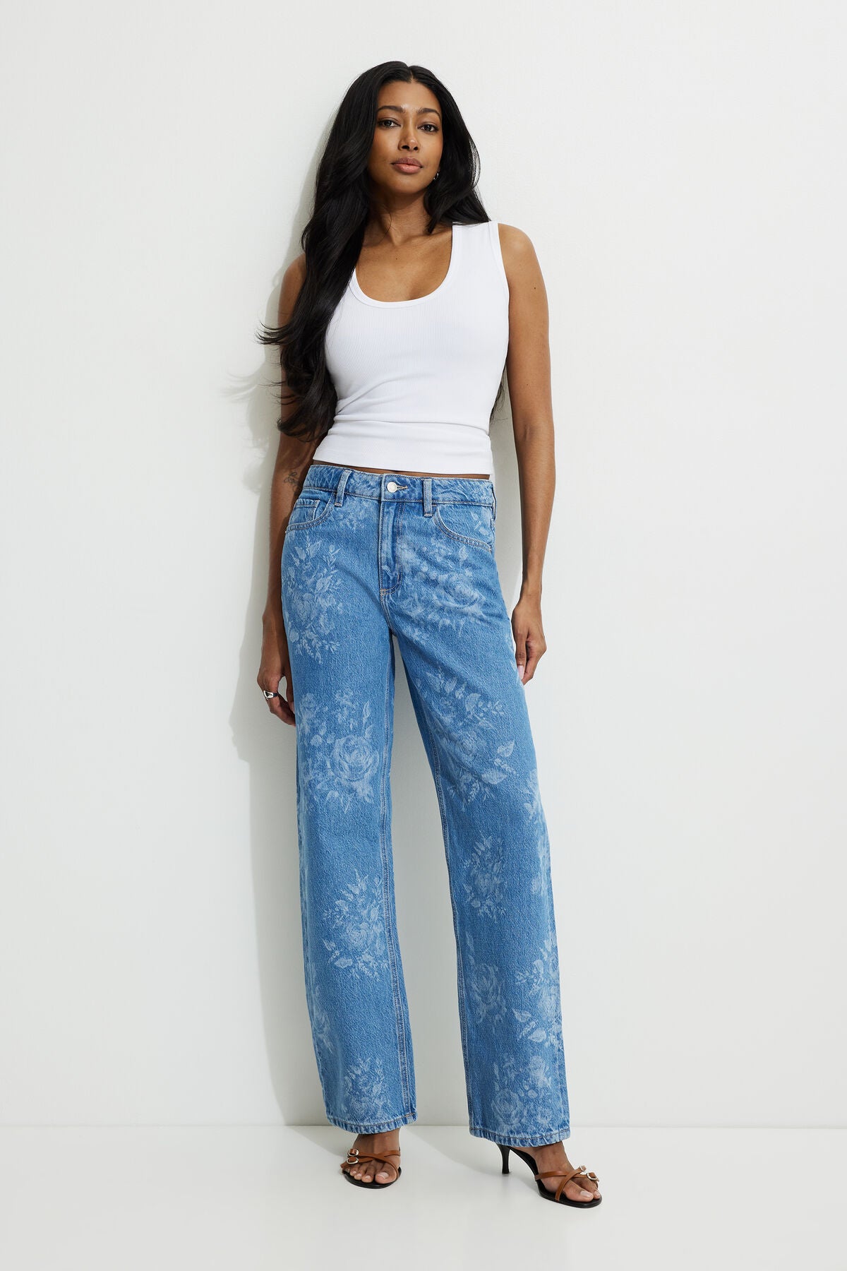 Mika Floral Mid Rise Relaxed Straight Leg Jeans