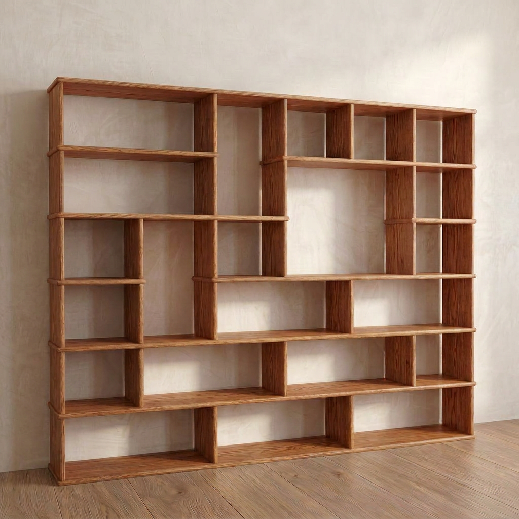 Large geometric bookcase in red oak