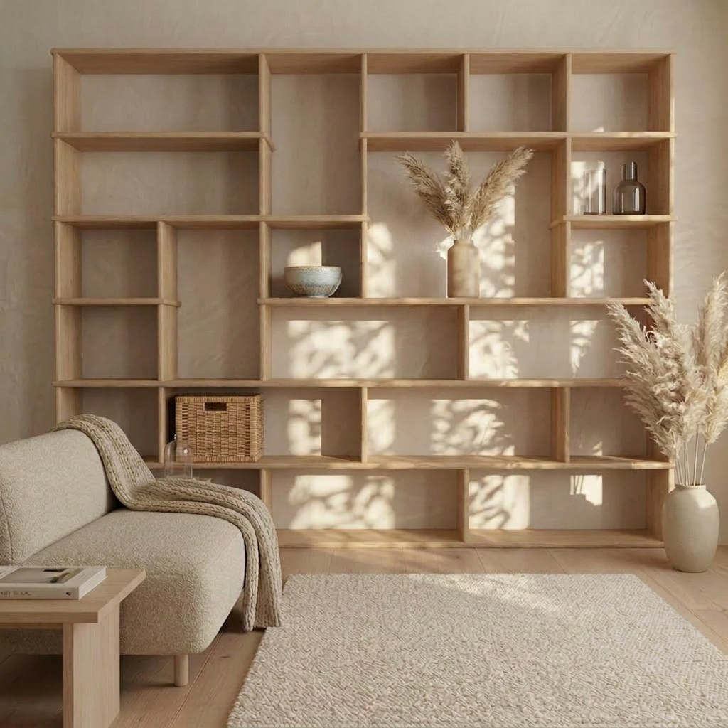Large geometric bookcase in white oak