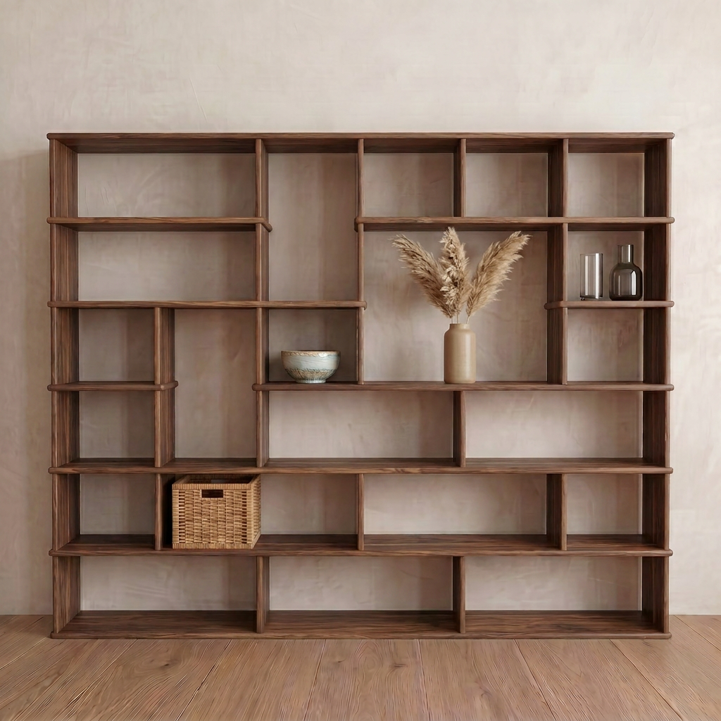 Large geometric bookcase in walnut