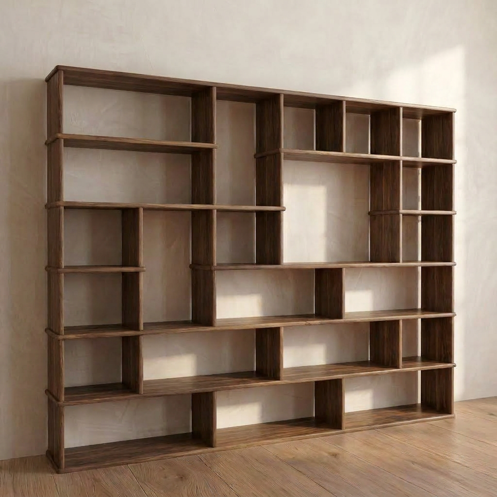 Large geometric bookcase in walnut