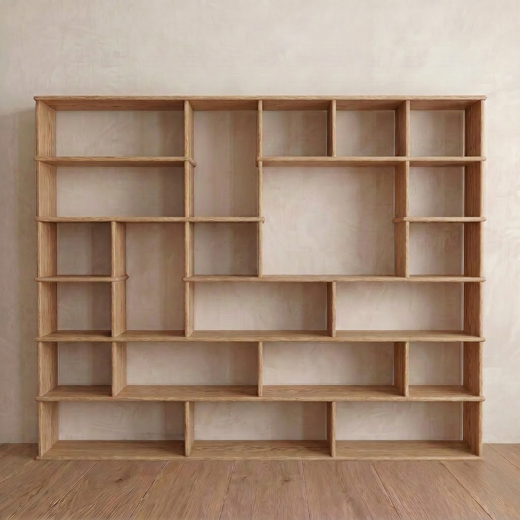 Large geometric bookcase in white oak
