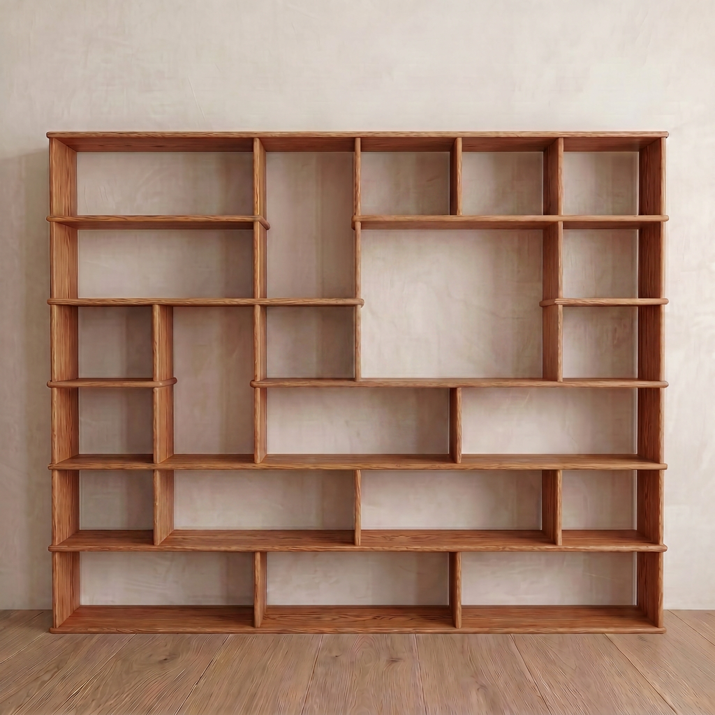 Large geometric bookcase in red oak