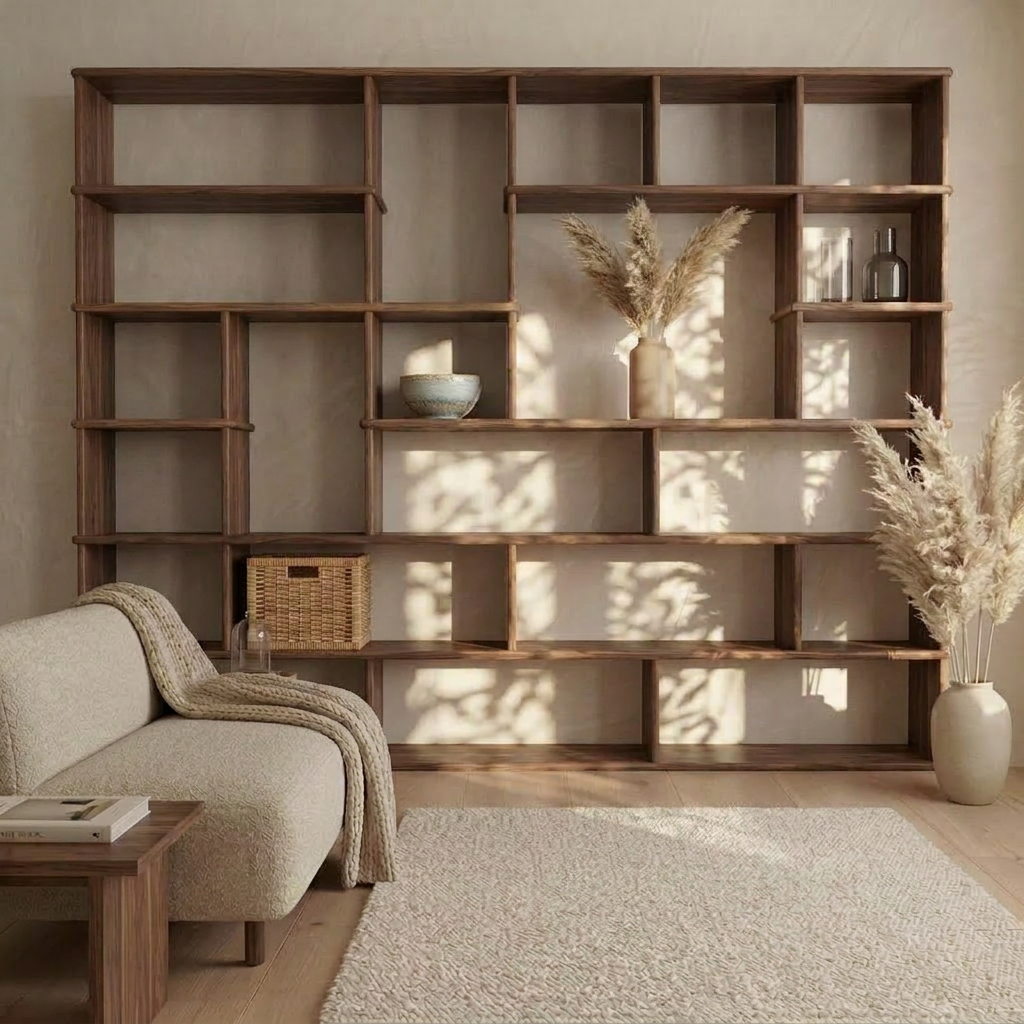 Large geometric bookcase in walnut