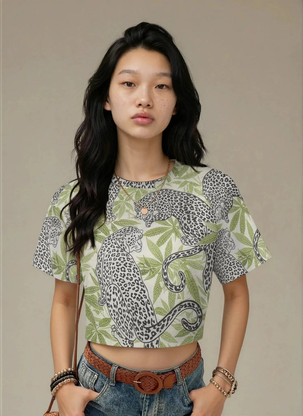 Leopard Print Cropped Ralgan T-Shirt