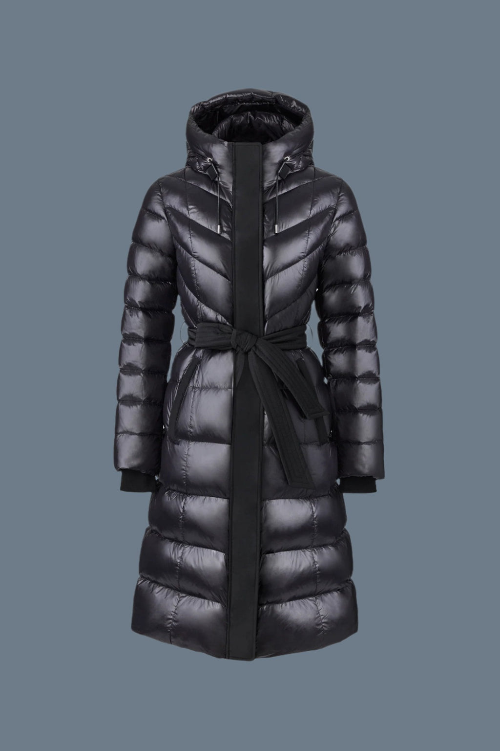 CORALIA down coat with hood and sash belt