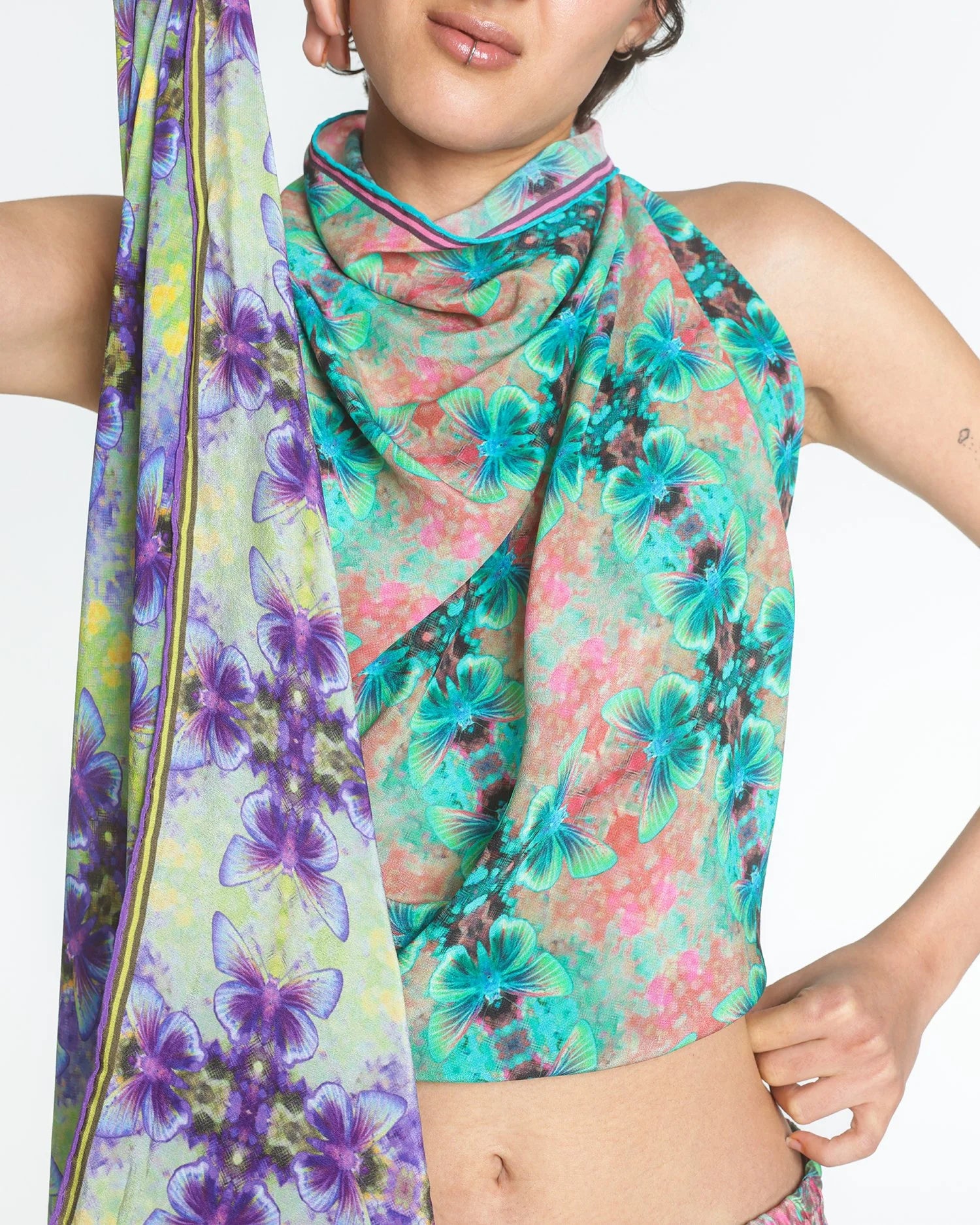 pink & blue flutter plaid silk scarf