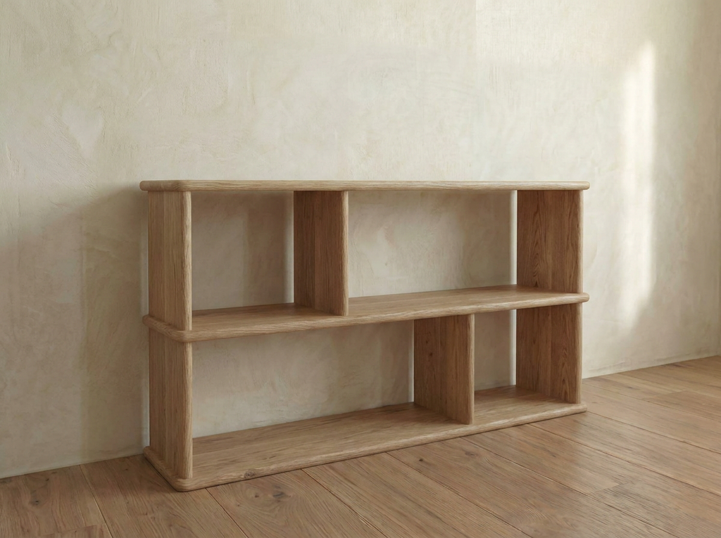 Horizontal bookshelf in white oak